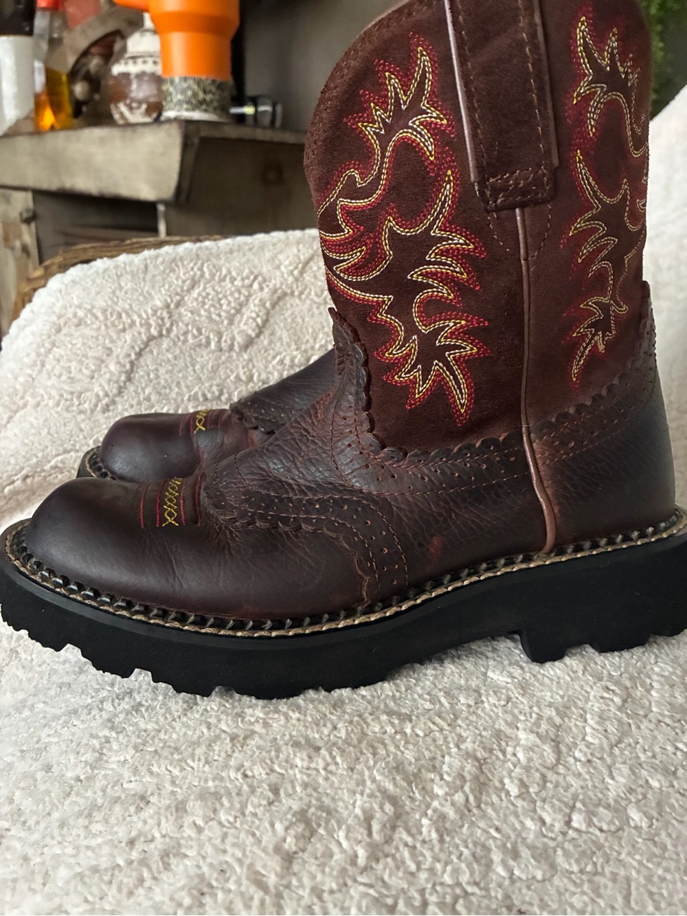 ARIAT  Brown Leather Western Work Boots with Red & Yellow Stitching - Picture 4 of 7